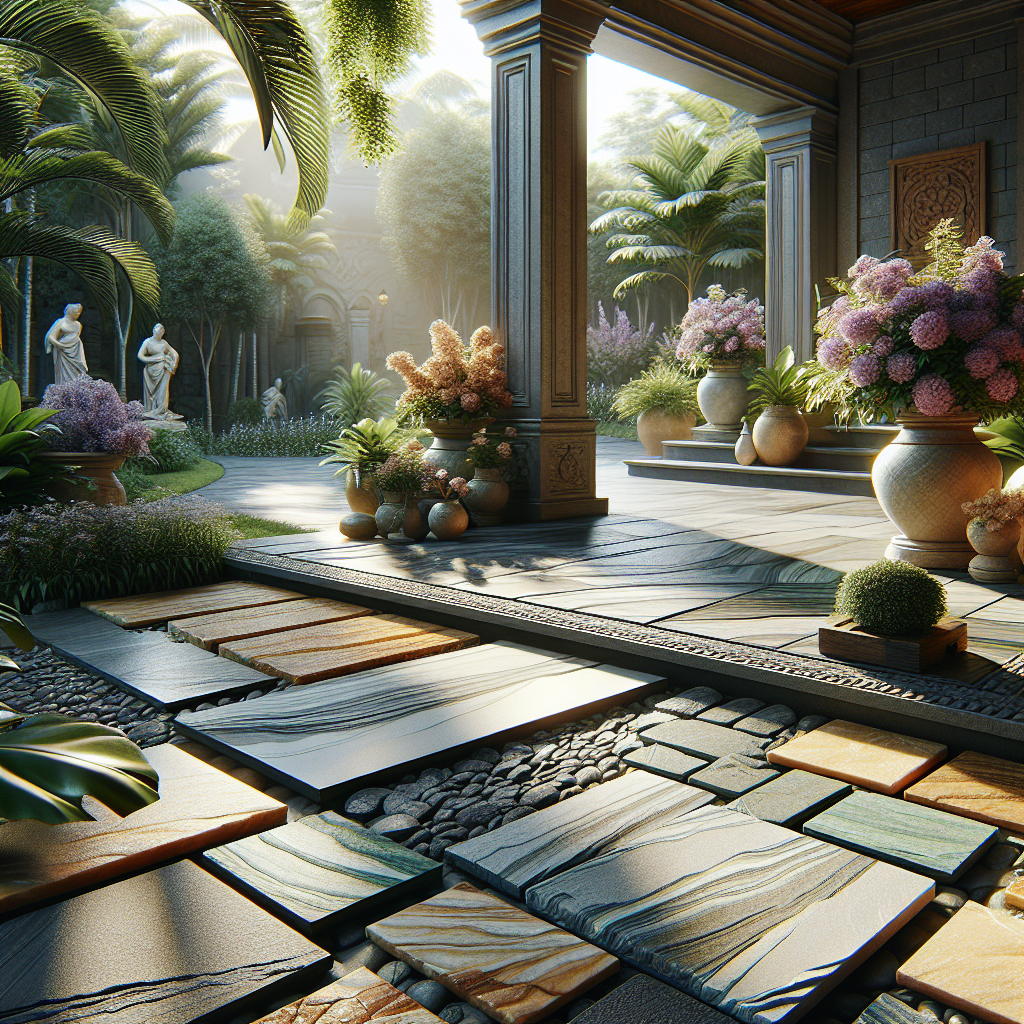 An outdoor space with various natural stone pavings in Kerala surrounded by greenery.