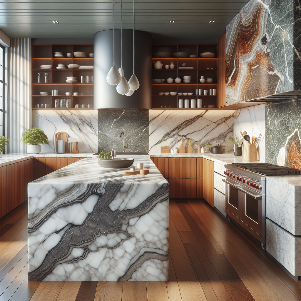A beautiful kitchen with a variety of stone countertops including marble, granite, quartz, and onyx.