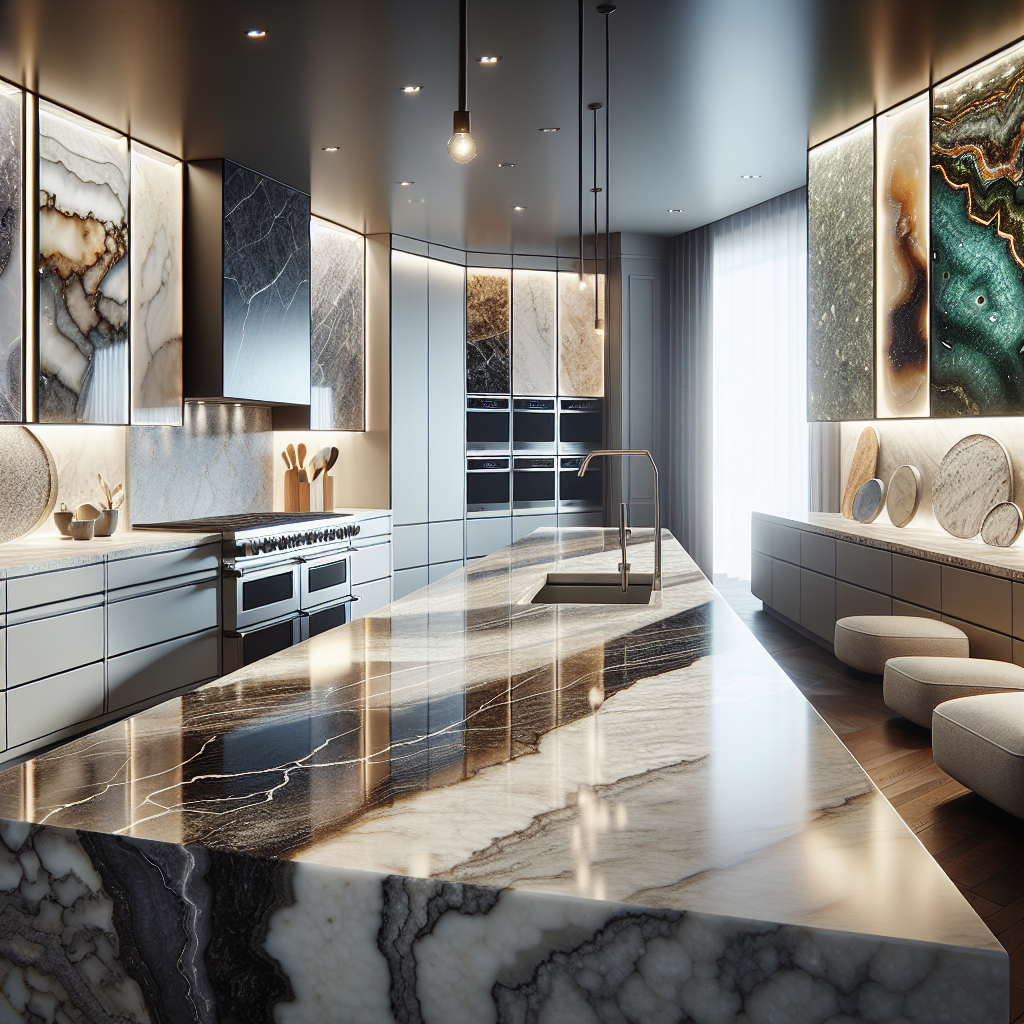 Four types of stone countertops displayed in a modern kitchen setting.