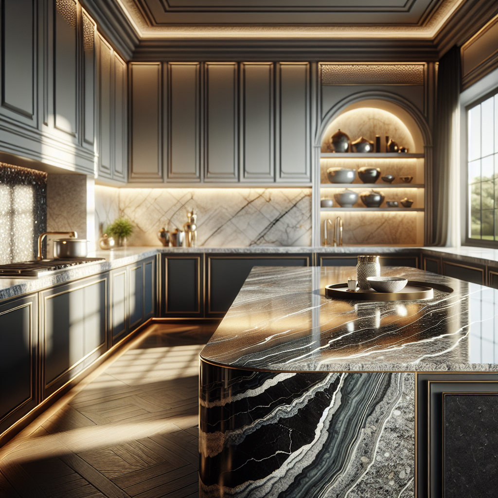 A kitchen featuring various stone countertops including marble, granite, quartz, and onyx.