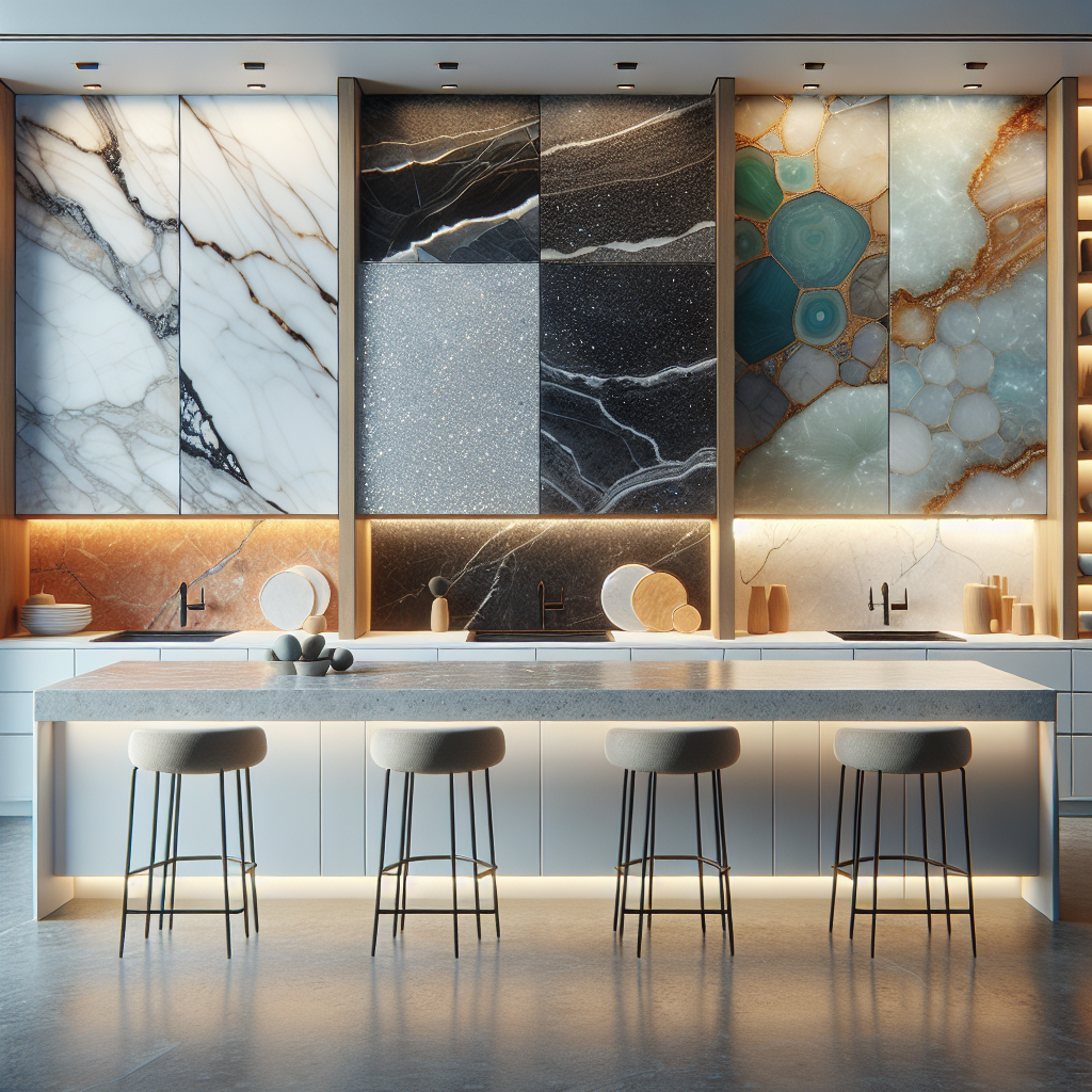 Different types of stone countertops displayed in a modern kitchen setting.