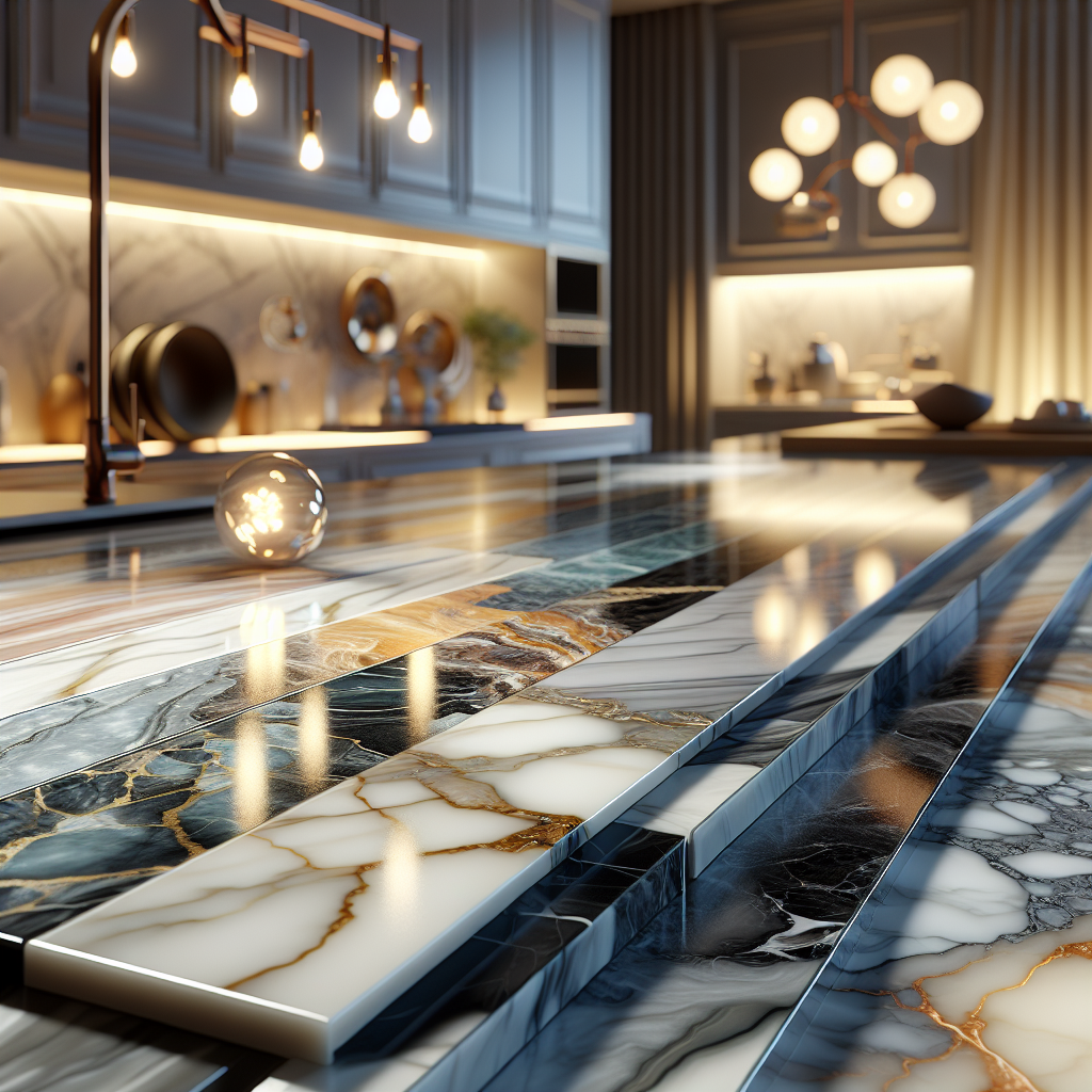 UV marble sheets displayed on a stylish kitchen countertop.