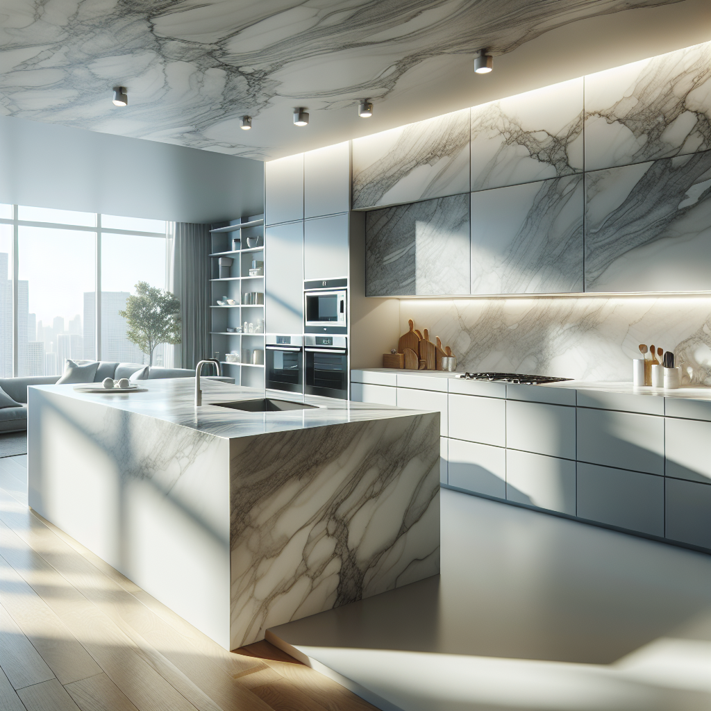 A modern kitchen with UV marble sheets as countertops.