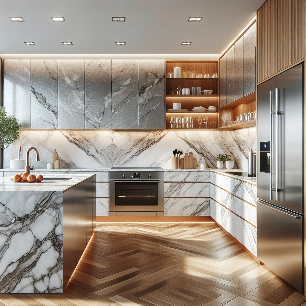 A modern kitchen with UV marble sheets as countertops and wall cladding.