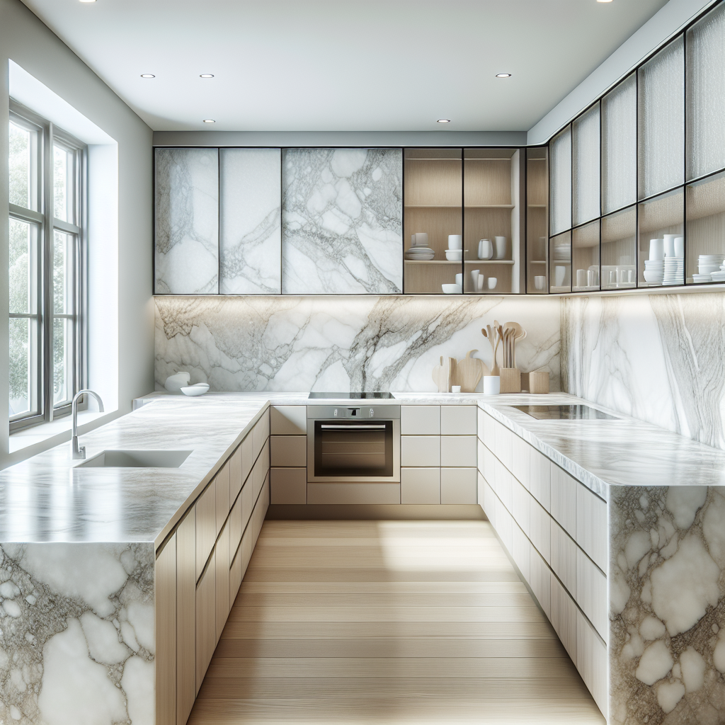 A stylish kitchen featuring durable UV marble sheets as countertops.