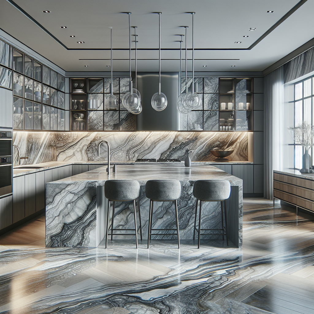 A luxurious kitchen with quartzite countertops.