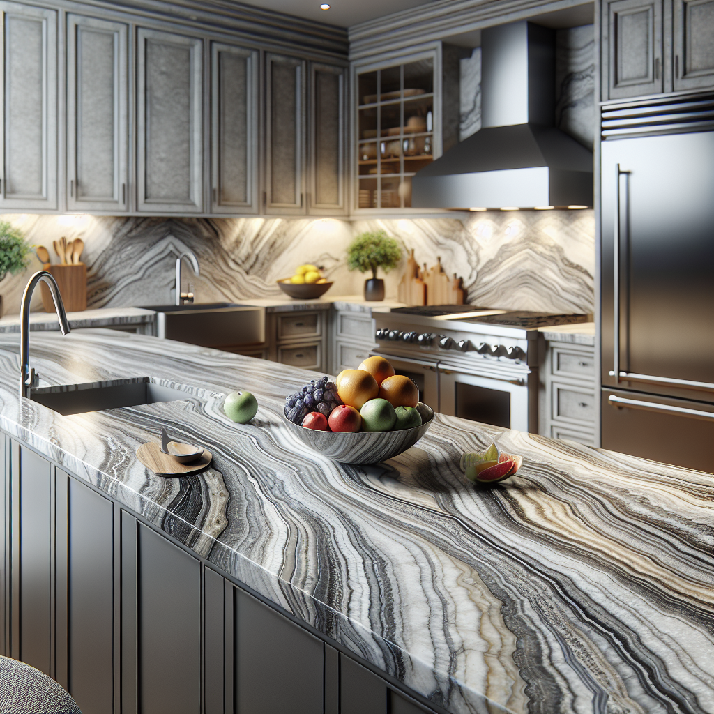 A quartzite countertop in a modern kitchen with fruit and appliances.