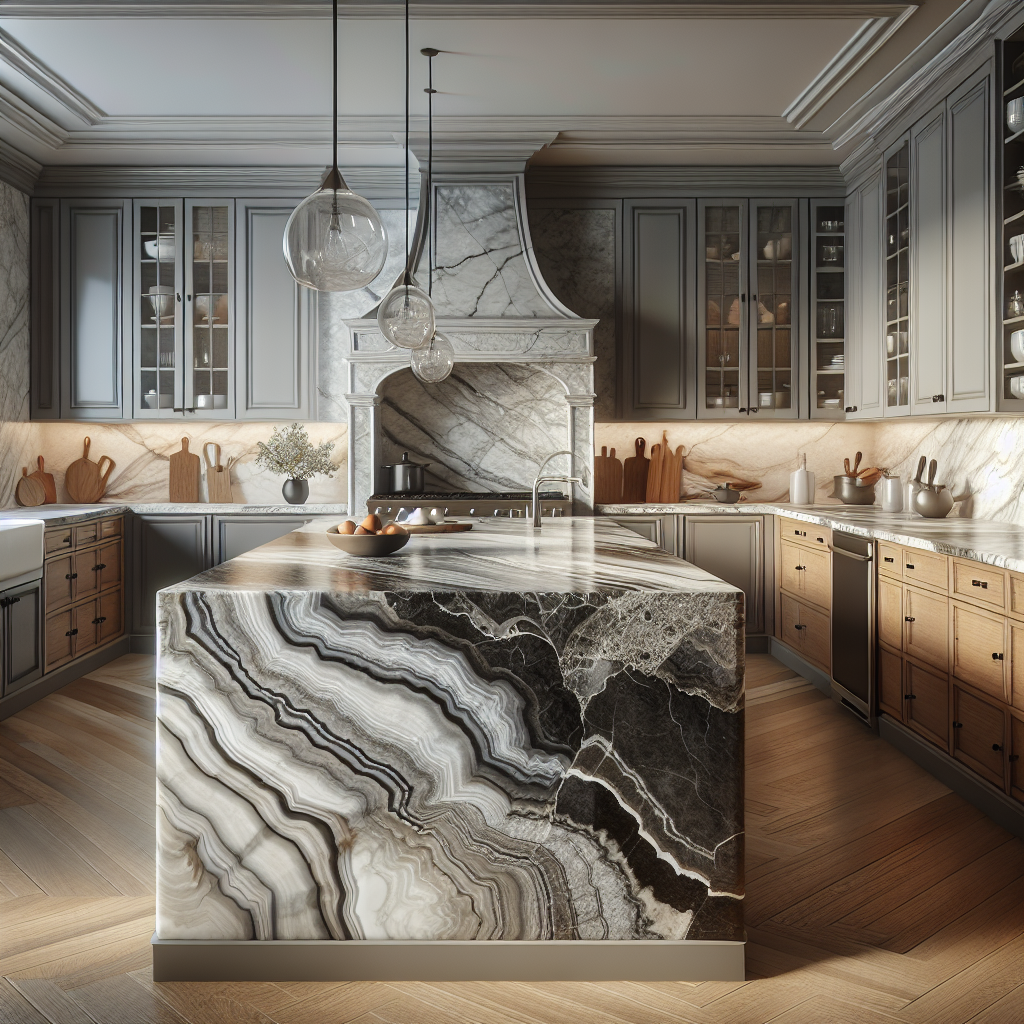 An elegant kitchen with a quartzite countertop.