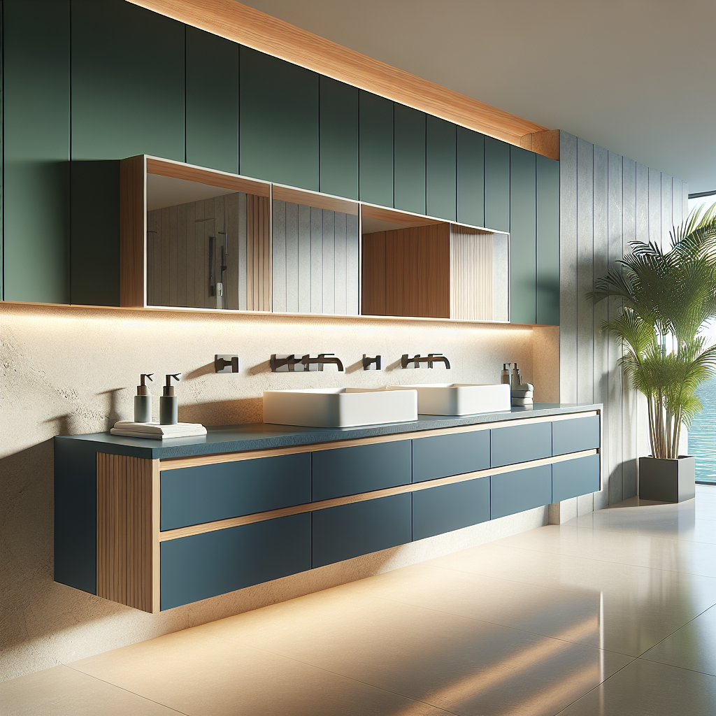 A modern bathroom vanity in navy blue with natural wood accents, integrated sink, and stylish decor.