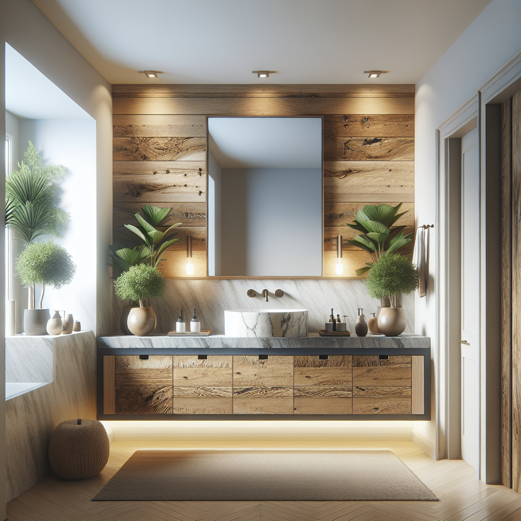 A contemporary bathroom with a floating navy blue vanity, integrated sink, and natural decor.