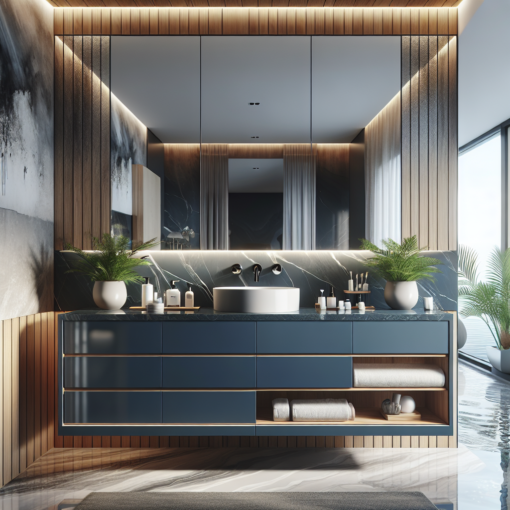A contemporary bathroom featuring a floating navy blue vanity with integrated sink and natural stone elements.