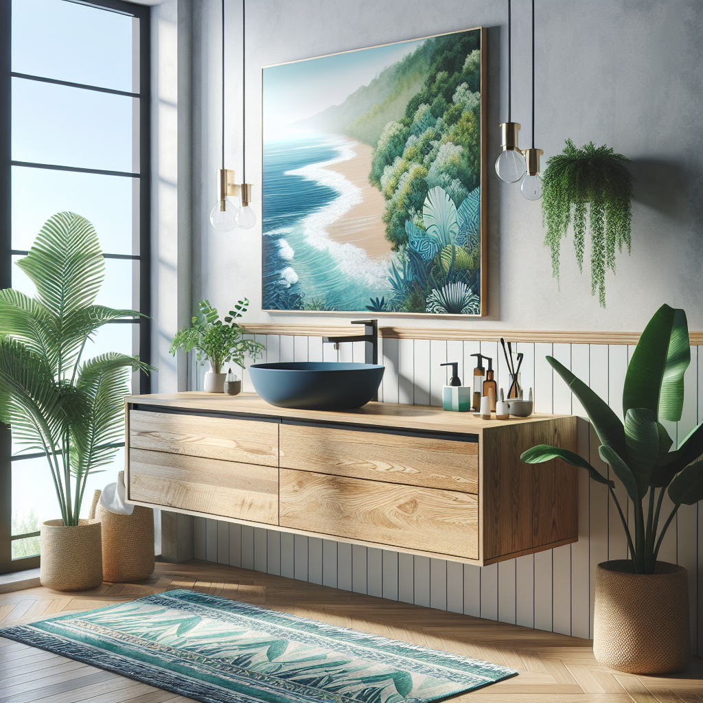 A contemporary floating bathroom vanity in a bright coastal setting.