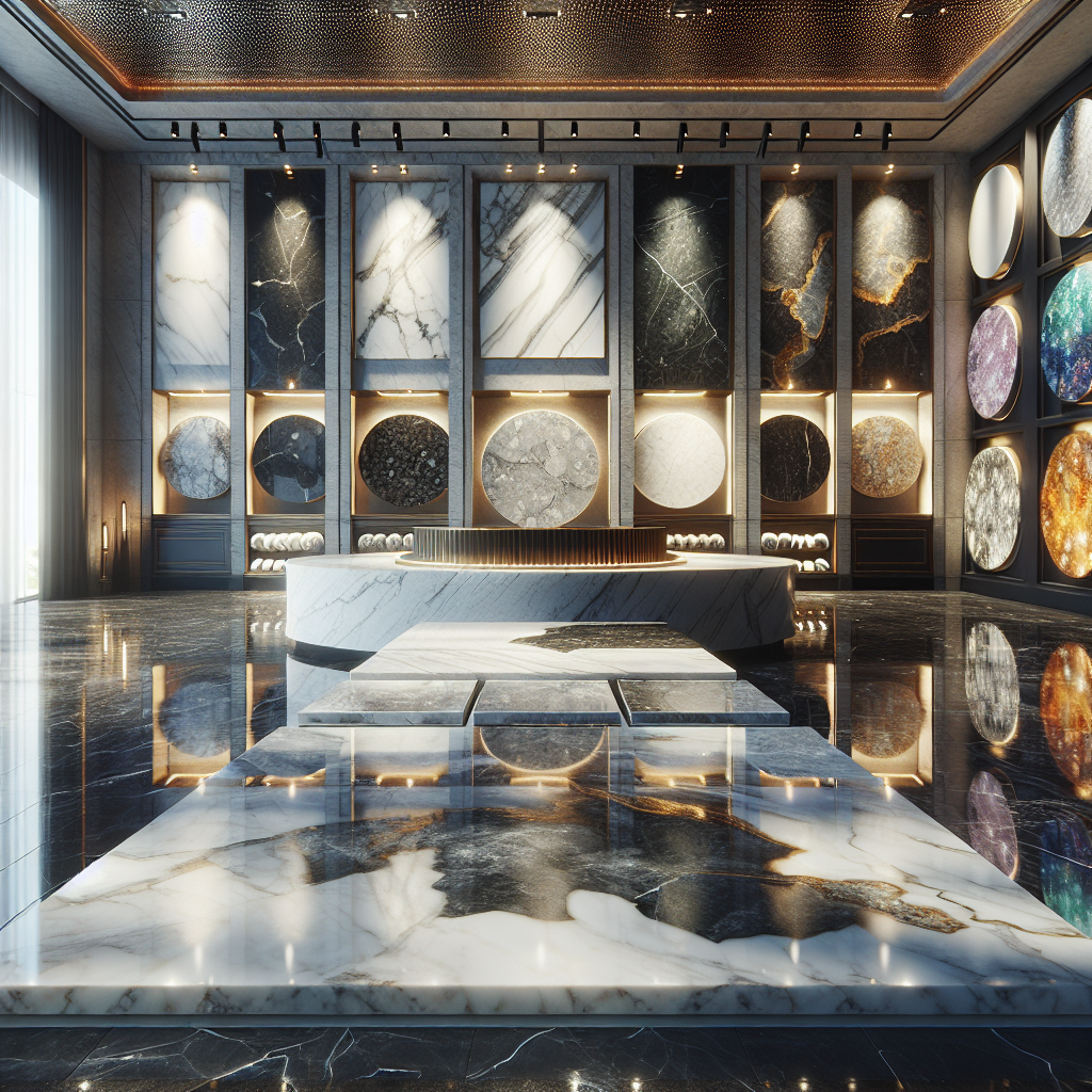 A showroom with various premium stone slabs including marble, granite, and onyx.