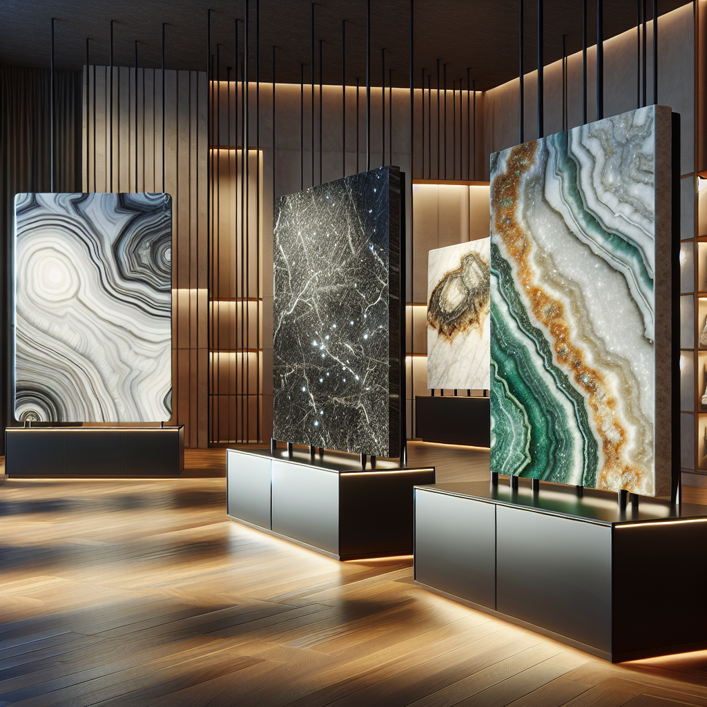 An elegant stone showroom featuring various premium stone slabs like marble, granite, and onyx.
