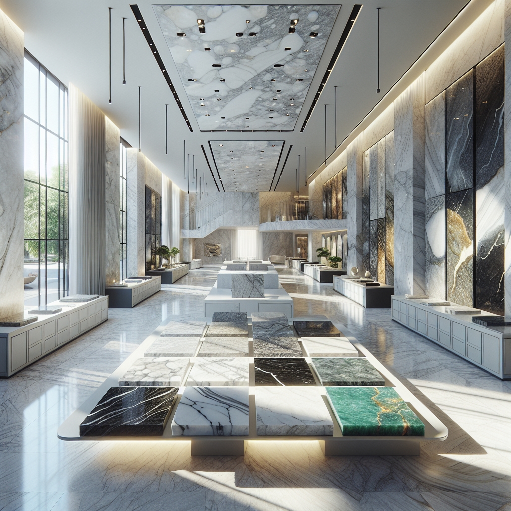 An elegant stone showroom showcasing premium stone slabs in Naples, FL.