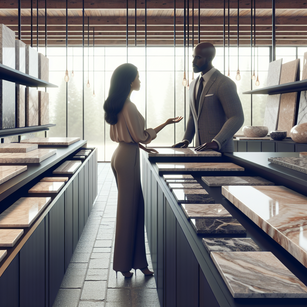 A stylish interior display at Luxor Stone showcasing premium stone slabs.