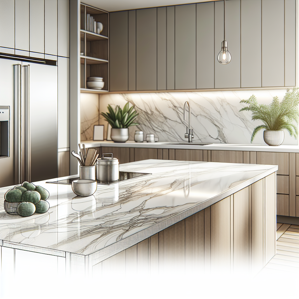 A modern kitchen featuring a porcelain countertop that resembles marble, with sleek appliances and minimalist decor.