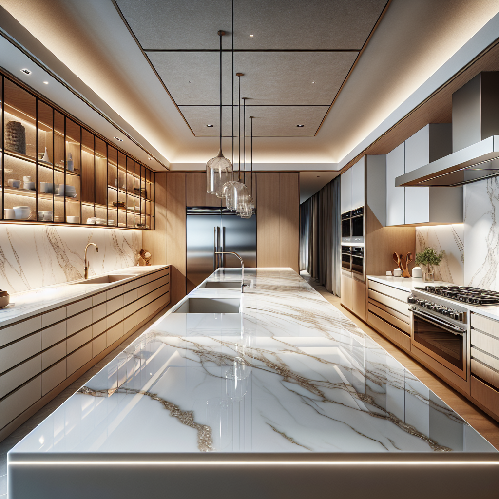 A luxurious kitchen with a glossy white porcelain countertop.