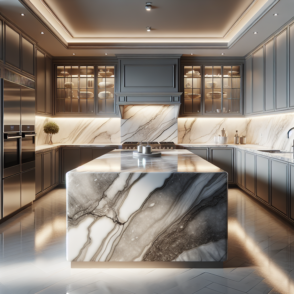 A luxurious kitchen with a porcelain countertop and modern appliances.