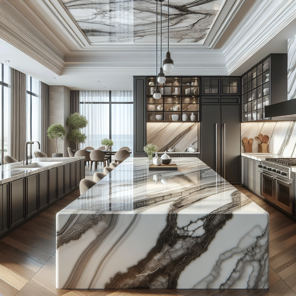 A luxurious kitchen with porcelain countertops and modern appliances.