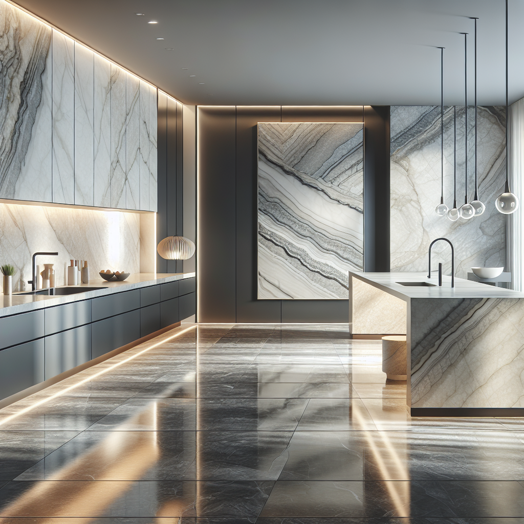 A modern kitchen with Florim Stone countertop, flooring, and wall cladding.