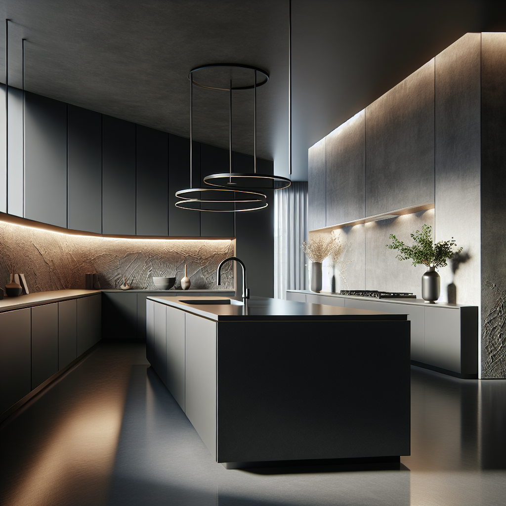 Modern kitchen featuring Florim Stone countertops, flooring, and wall cladding.