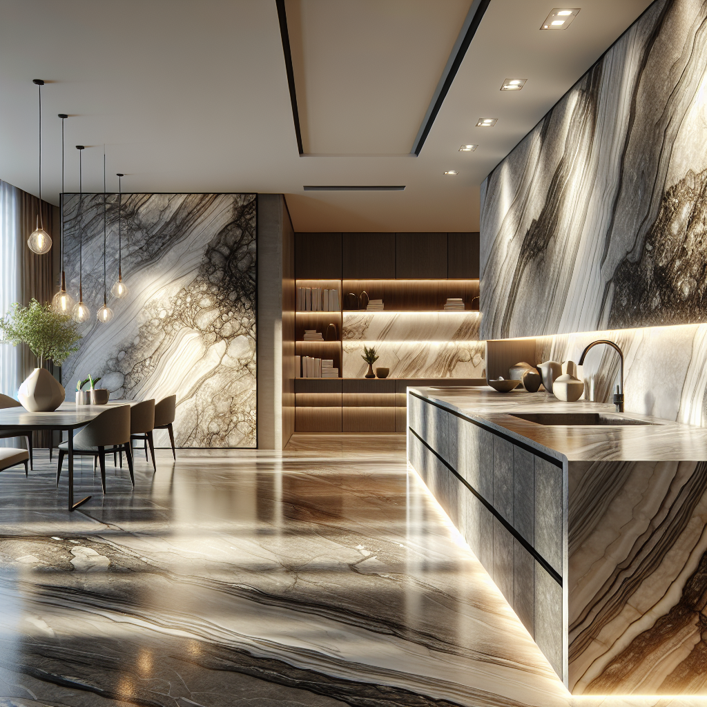 A luxurious kitchen interior featuring Florim Stone countertops, flooring, and a decorative wall.