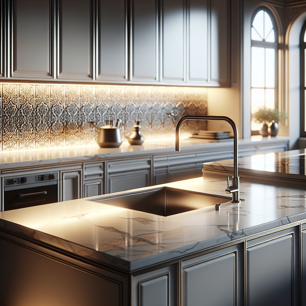 Realistic image of a modern kitchen with a luxurious quartz countertop, stainless steel sink, and elegant decor.