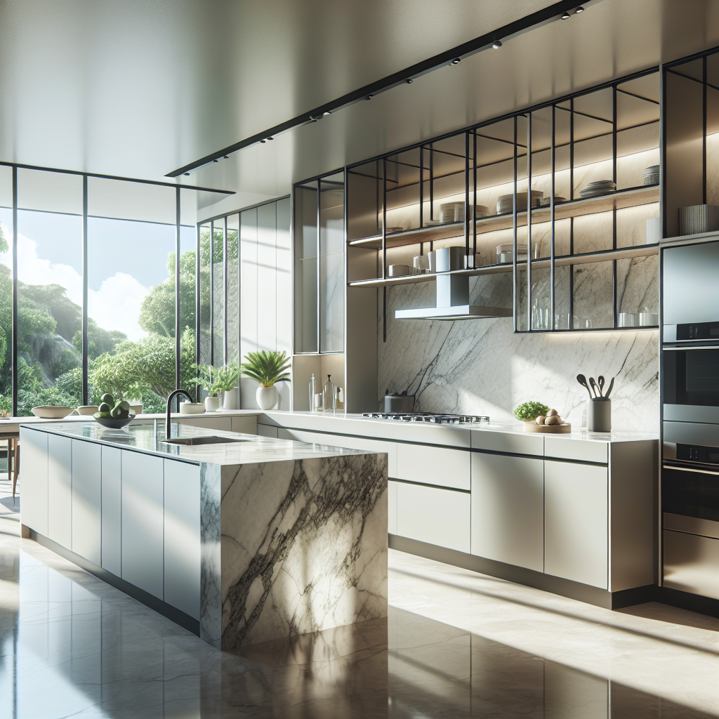Modern kitchen with quartz countertops, stainless steel appliances, and sleek cabinetry.