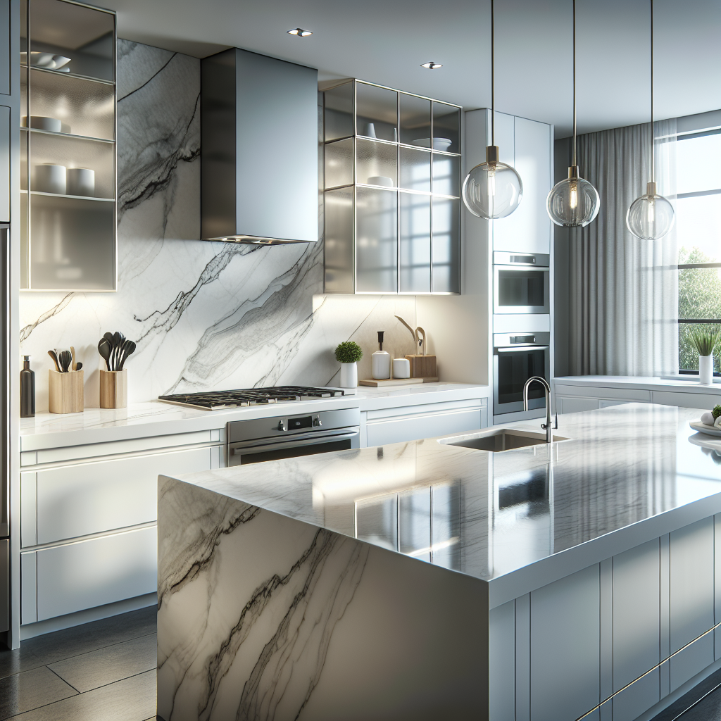 Modern kitchen with quartz countertops, stainless steel appliances, and white cabinets.