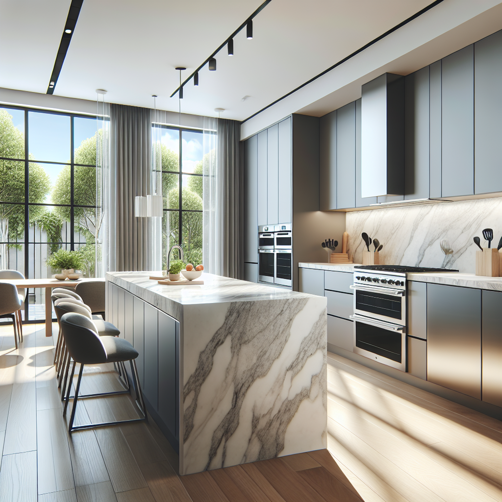 Modern kitchen with quartz countertops and stainless steel appliances