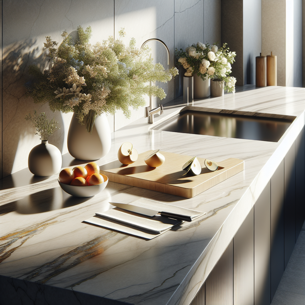 A realistic depiction of a modern kitchen countertop in Boynton Beach with cutting board, fresh fruits, and vase of flowers.
