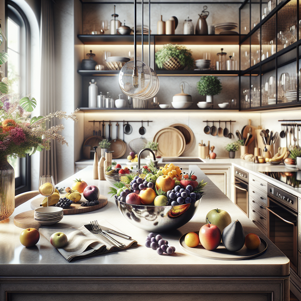 A realistic image of a modern kitchen countertop with polished surfaces, kitchen utensils, a bowl of fresh fruit, and a vase with flowers.
