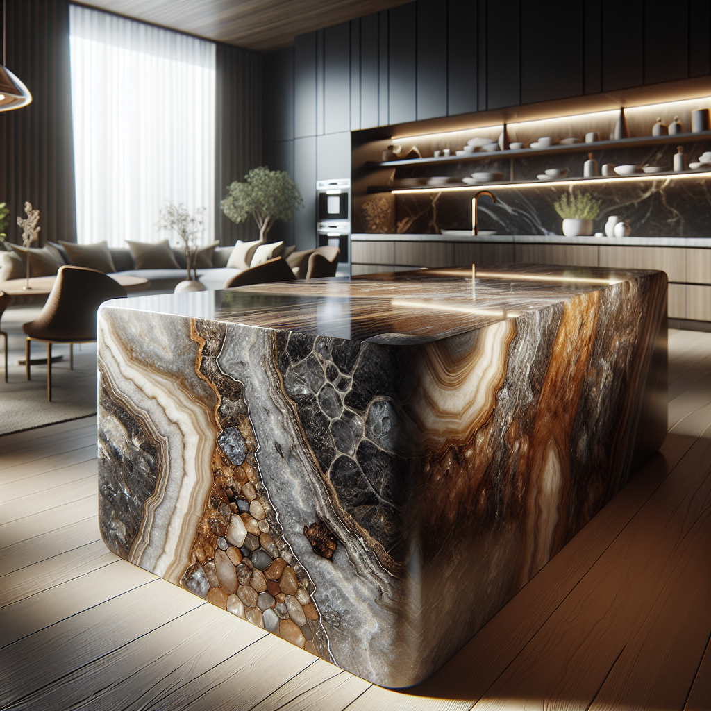 A realistic depiction of semi-precious stone countertops, highlighting intricate details and natural hues.