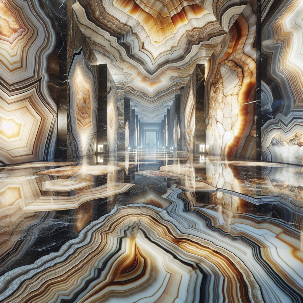 Realistic depiction of onyx slabs in a showroom