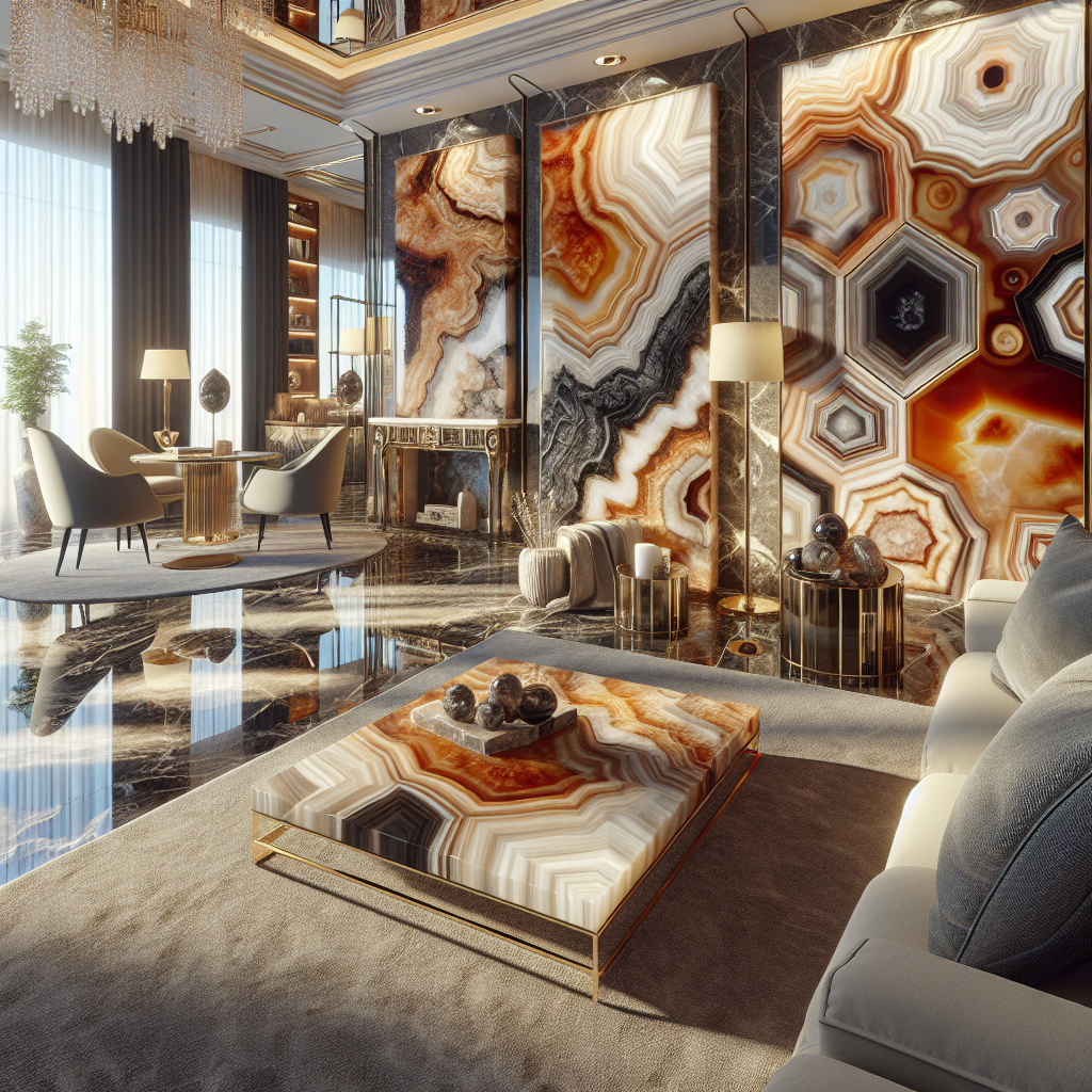 Polished onyx slabs in a luxurious interior setting.