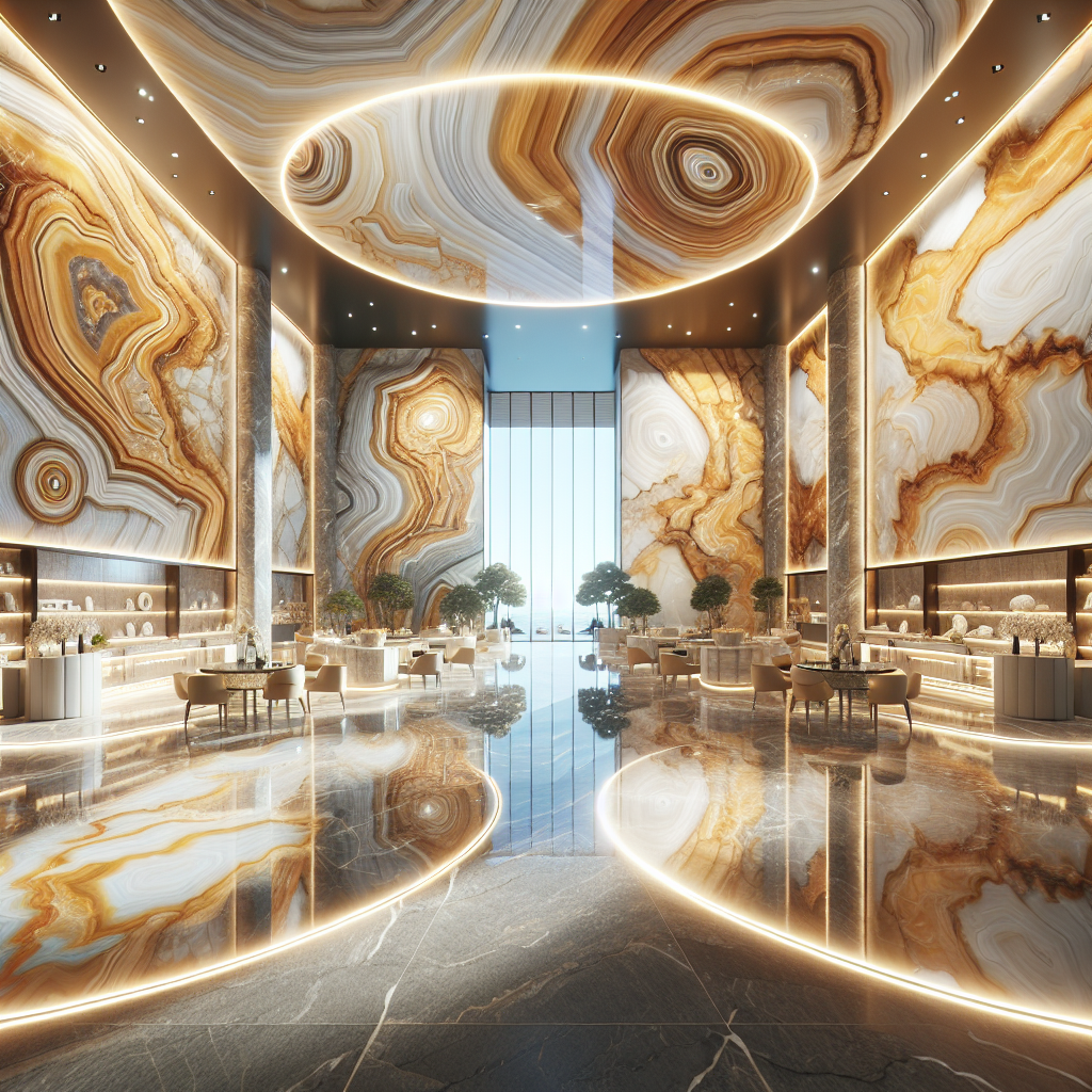 Onyx slabs displayed in a showroom with intricate veining and various shades, located in Boynton Beach.