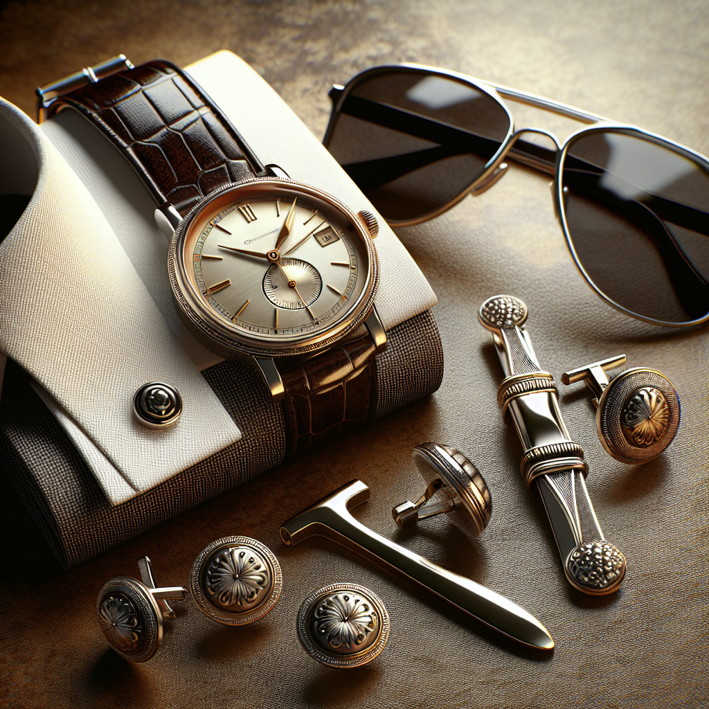 A realistic image of a gentleman's accessories set with a vintage watch, elegant cufflinks, tie clip, and classic sunglasses.