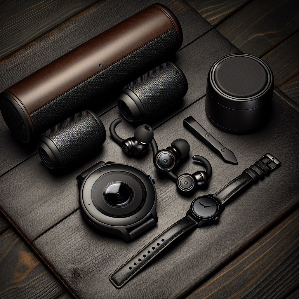 A high-end Bluetooth gentleman's set including a speaker, earbuds, and a smartwatch arranged on a wooden surface.