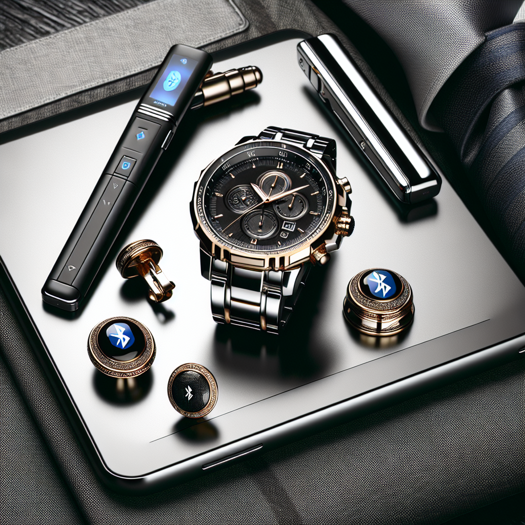 Gentlemen's accessory set including Bluetooth device, watch, cufflinks, and tie clip in a realistic style.