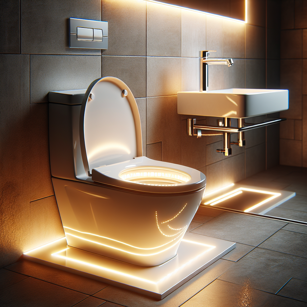 Modern toilet with colorful LED backlight creating a soft glow.