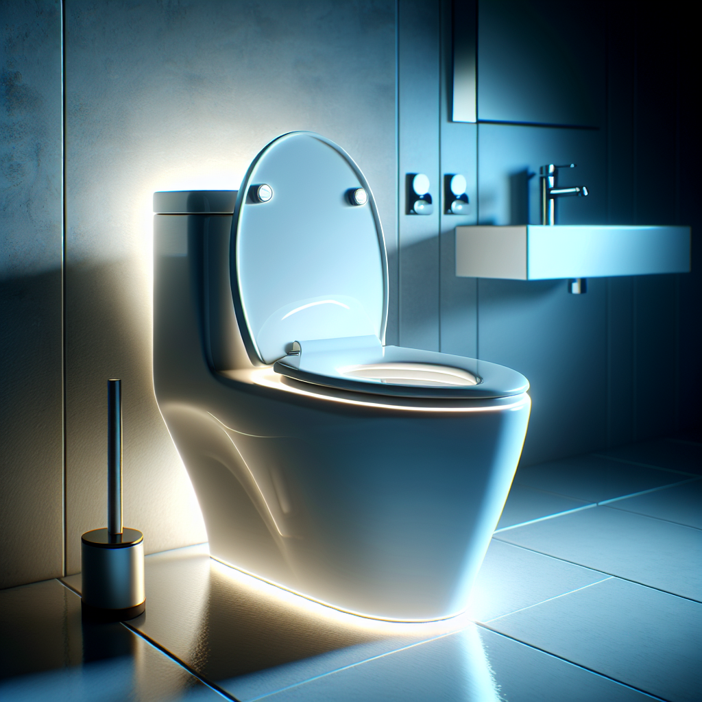 A modern toilet bowl with a backlight gadget emitting a soft ambient glow.