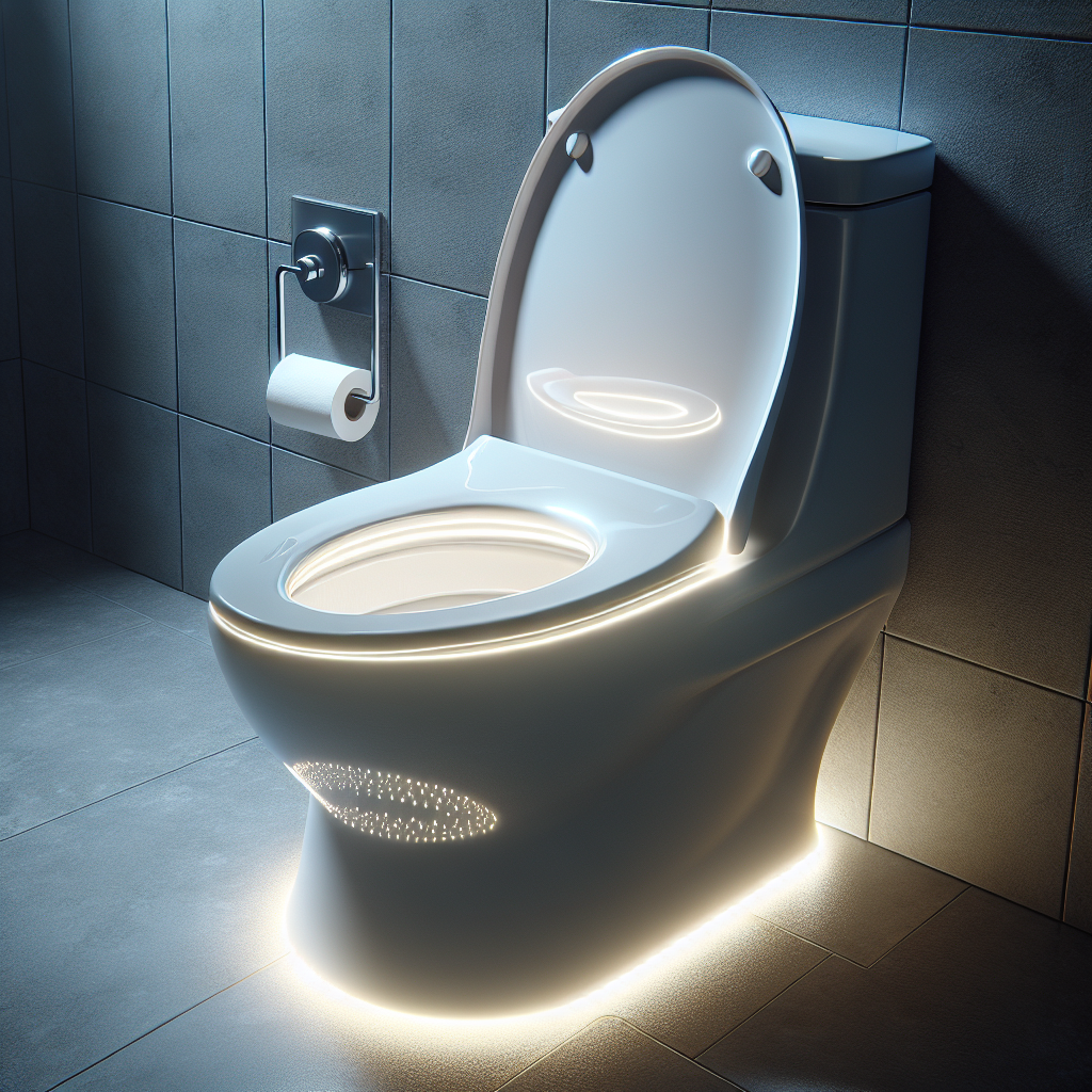 A realistic depiction of a toilet bowl with a backlight gadget in a modern bathroom.