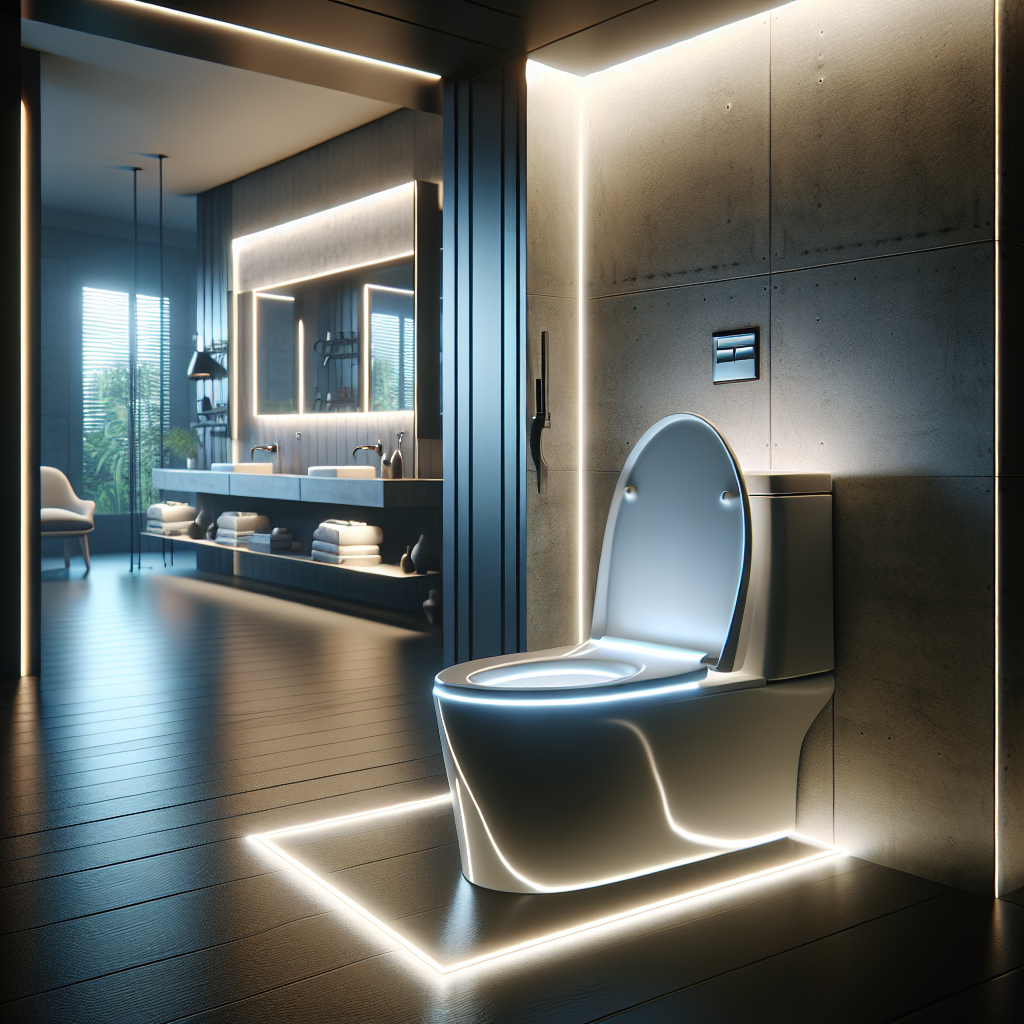 A modern bathroom featuring a sleek toilet bowl with innovative backlighting gadgets.