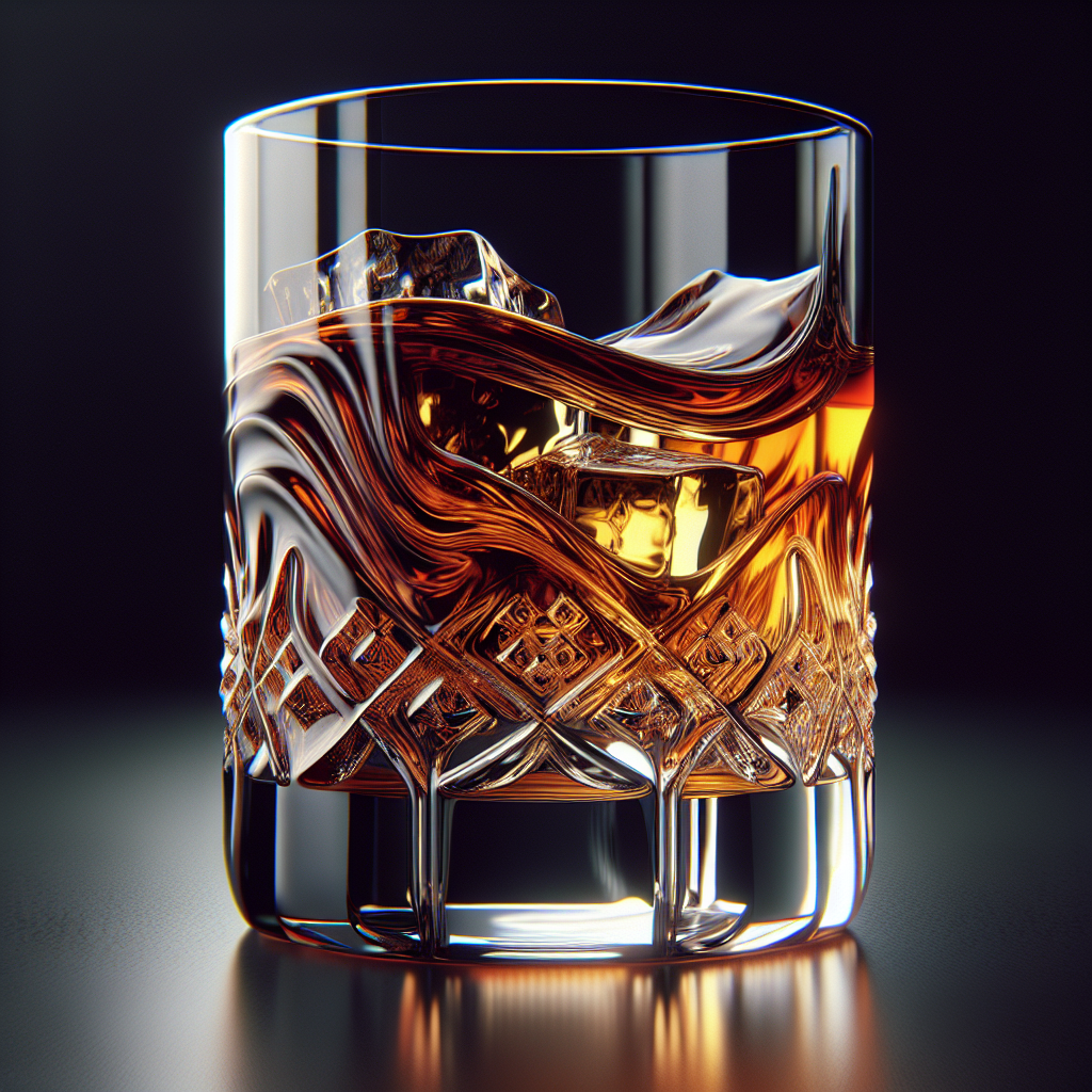 A realistic image of an innovatively designed whiskey glass filled with amber whiskey.