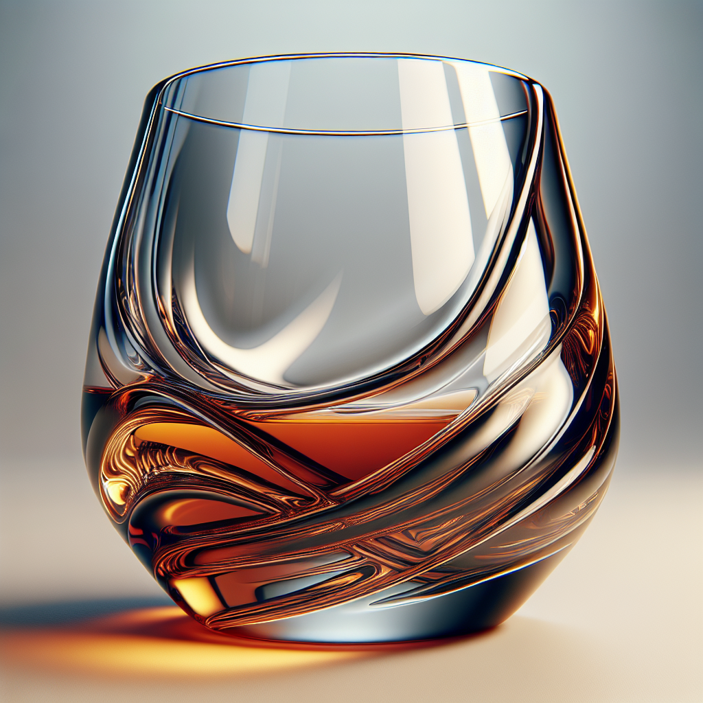 A whiskey glass with innovative design filled with amber liquid, shown in realistic detail.