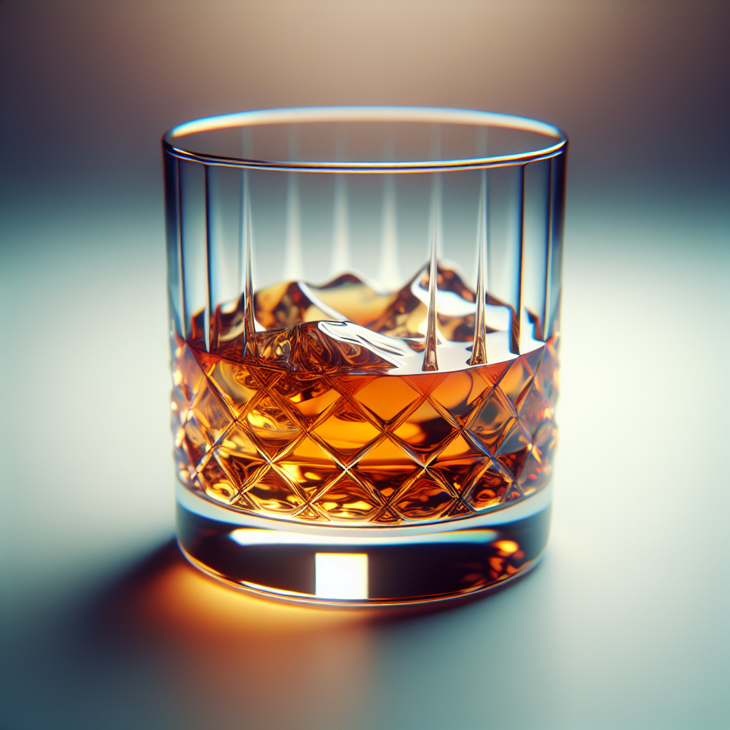 A realistic depiction of a whiskey glass filled with amber-colored whiskey.