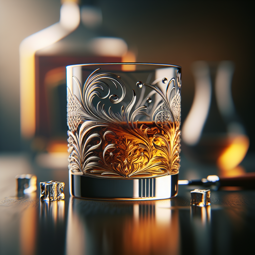 A realistic image of a whiskey glass with golden-brown liquid in a minimalistic bar setting.