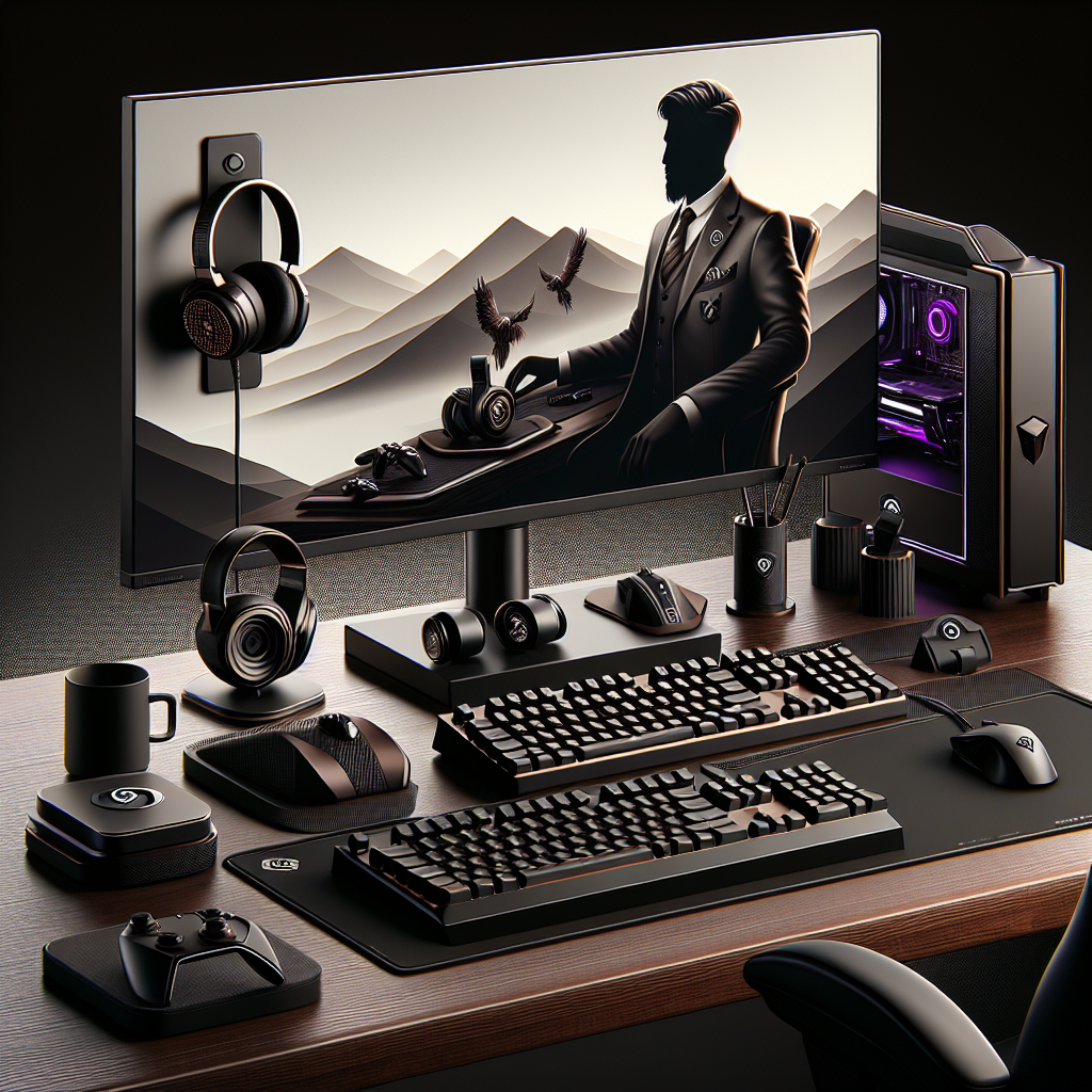 A realistic image of a luxurious and modern gentleman's gaming setup.