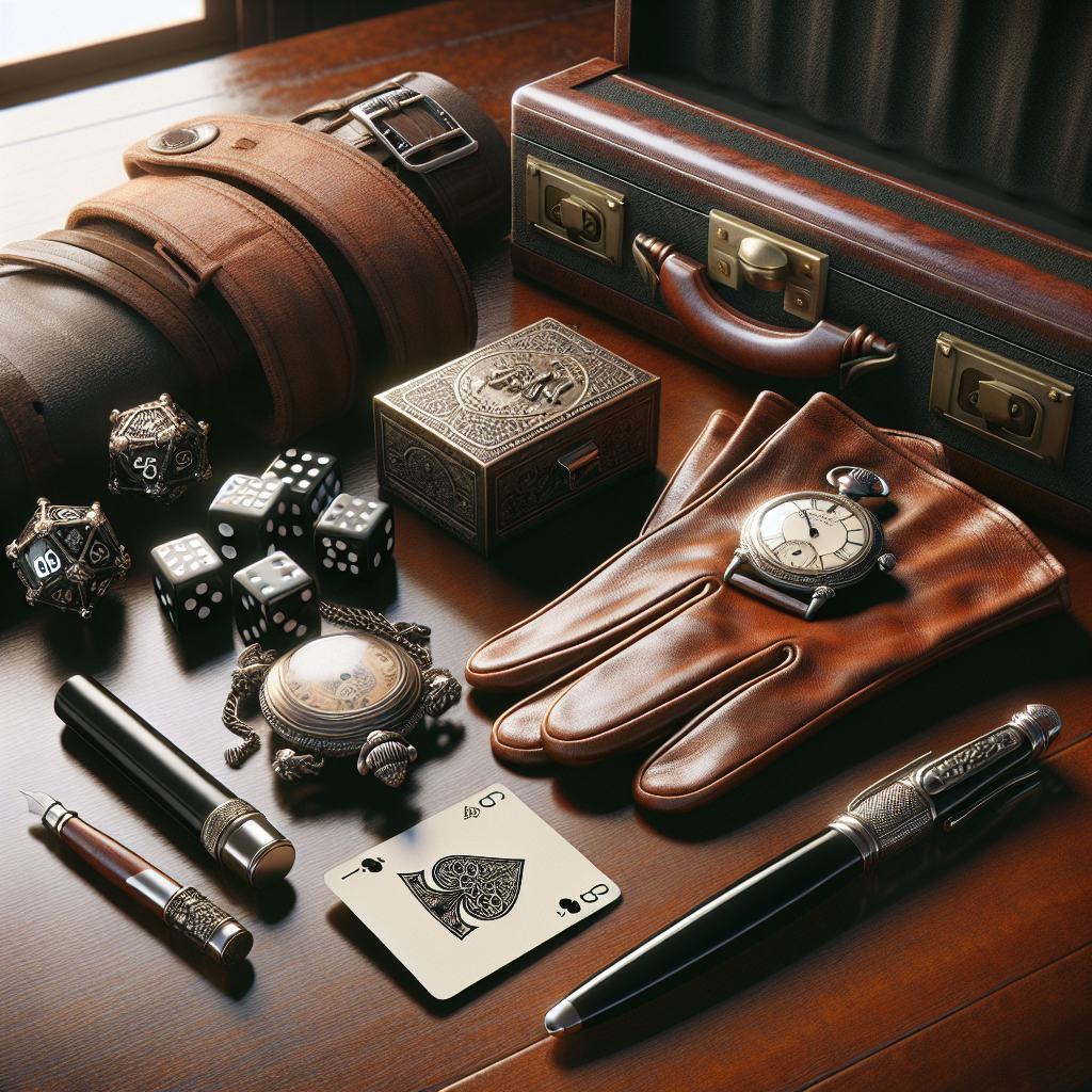 A realistic gaming-inspired gentleman's set with vintage and modern elements on a wooden desk.